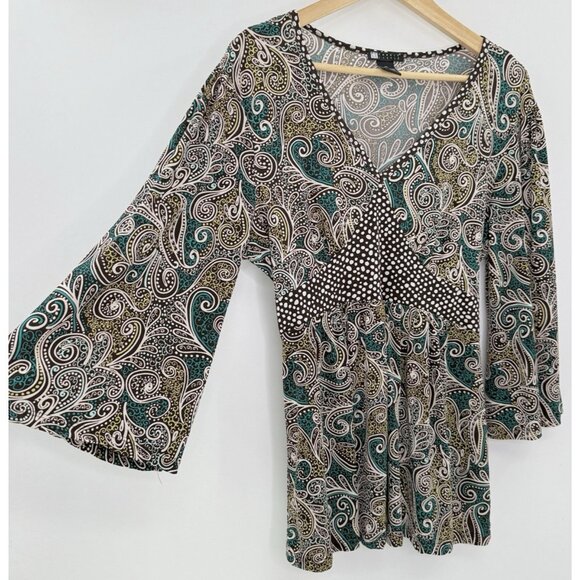 Carole Little Paisley Flared Slv‎ Liquid Knit Tie Back Blouse XL Boho Preppy Y2K - Picture 4 of 9